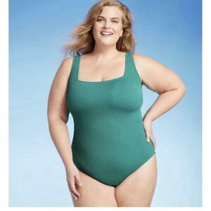 Kona Sol Teal Green Pucker Square Neck One Piece Swimsuit Size 20